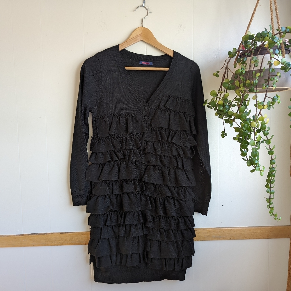 KENZO Jeans | Black Sweater Dress Knit Ruffled Vintage Large Long Sleeves 80s